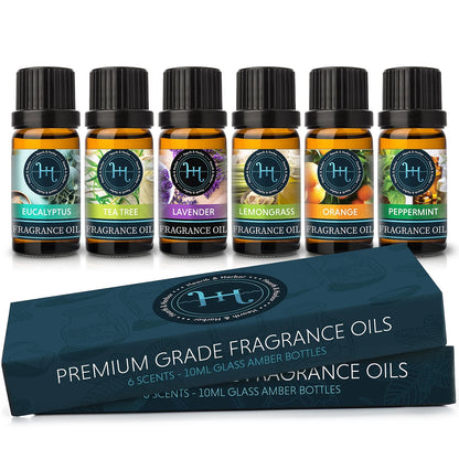 Set of 6 Premium Scented Fragrance Oil for Candle Making, Soap Making, Incense, Potpourri & Aroma Diffuser - Lemongrass, Peppermint, Orange, Lavender, Eucalyptus, Tea Tree Scents, 10Ml Bottles